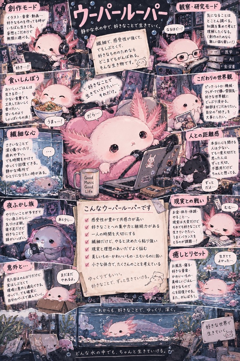 ウーパールーパーの診断結果。中央の動物と周囲の小場面で人物像を表現した一枚絵