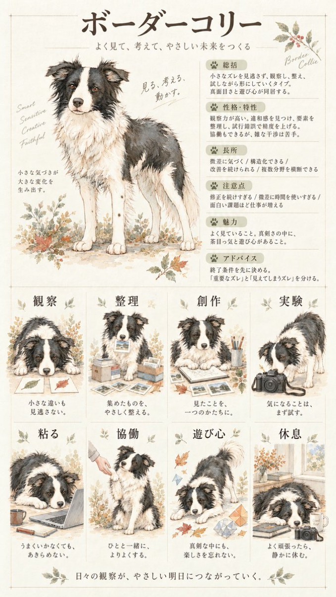 ボーダーコリーの診断結果。中央の動物と周囲の小場面で人物像を表現した一枚絵