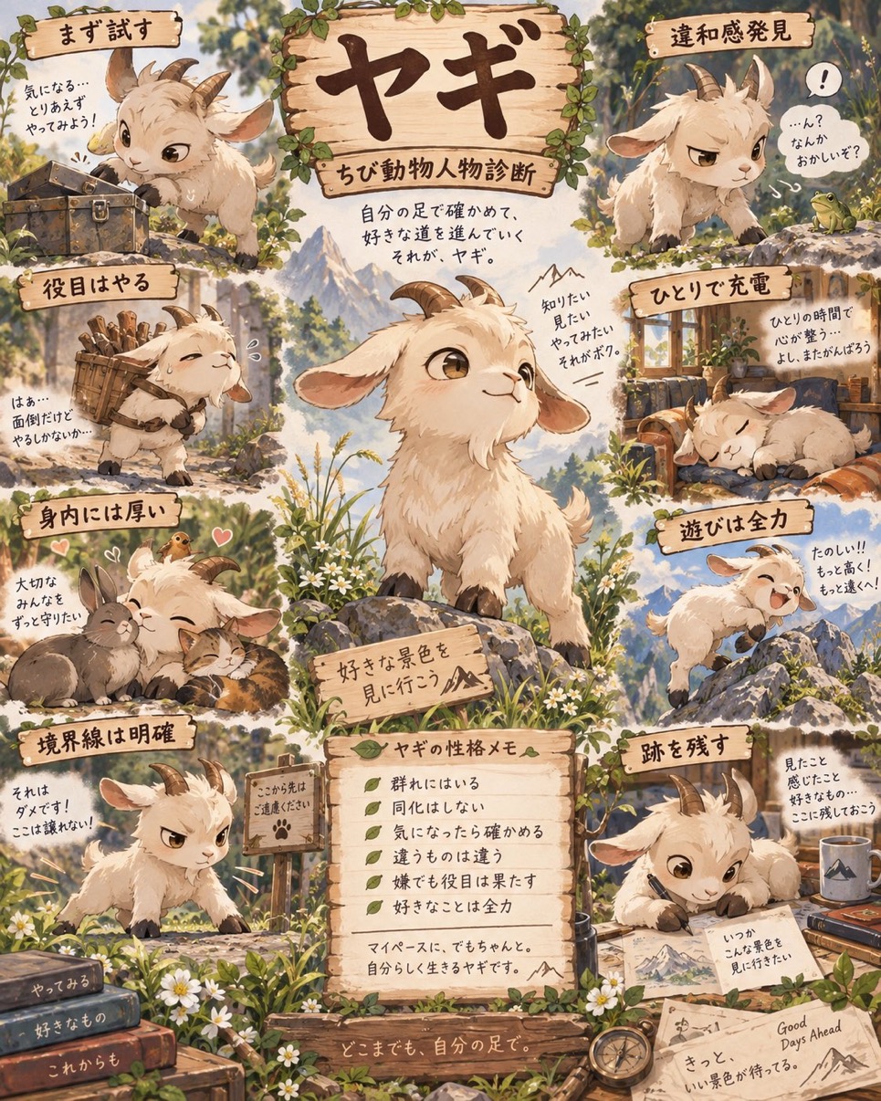 ヤギの診断結果。中央の動物と周囲の小場面で人物像を表現した一枚絵