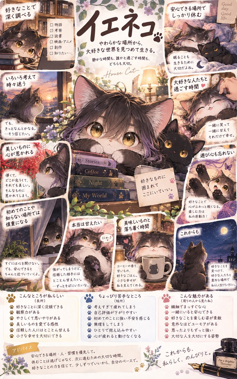イエネコの診断結果。中央の動物と周囲の小場面で人物像を表現した一枚絵