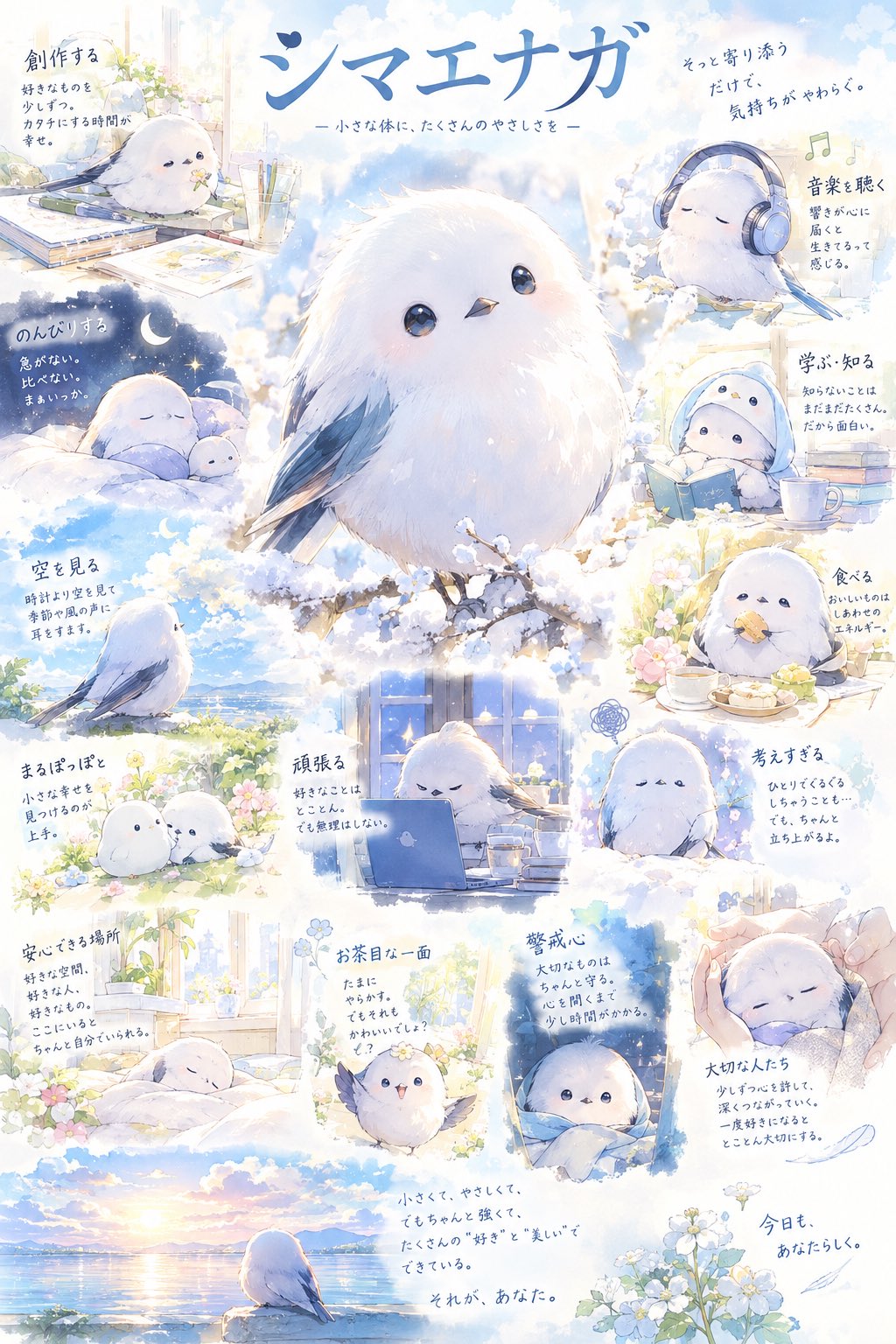 シマエナガの診断結果。中央の動物と周囲の小場面で人物像を表現した一枚絵