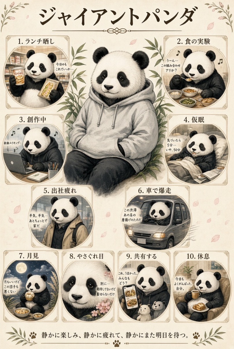 ジャイアントパンダの診断結果。中央の動物と周囲の小場面で人物像を表現した一枚絵