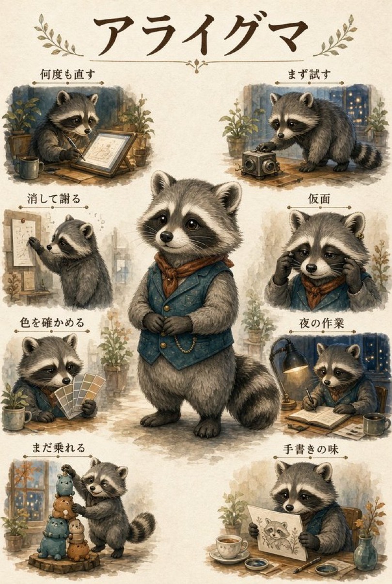 アライグマの診断結果。中央の動物と周囲の小場面で人物像を表現した一枚絵