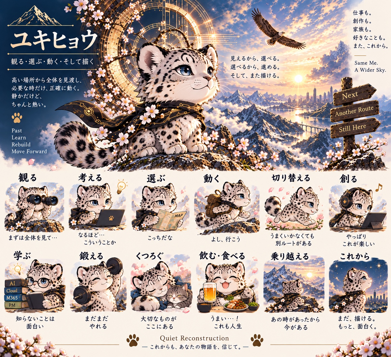 ユキヒョウの診断結果。中央の動物と周囲の小場面で人物像を表現した一枚絵