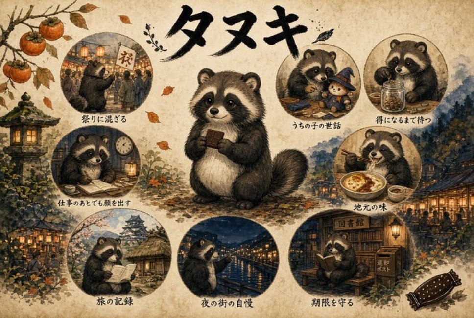 タヌキの診断結果。中央の動物と周囲の小場面で人物像を表現した一枚絵