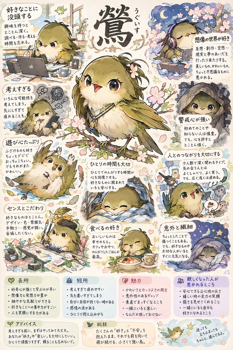 ウグイスの診断結果。中央の動物と周囲の小場面で人物像を表現した一枚絵